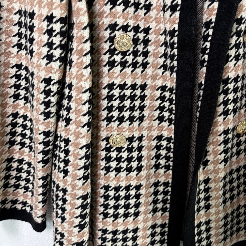 Anne Klein Blazer Sweater Size L Tan Black Houndstooth Knit Gold Buttons Open - Picture 2 of 11